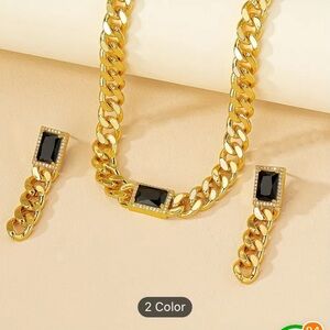 *MWT* Steel Necklace And Earrings Set. GOLD *UNWORN* With Stones on the edges👌